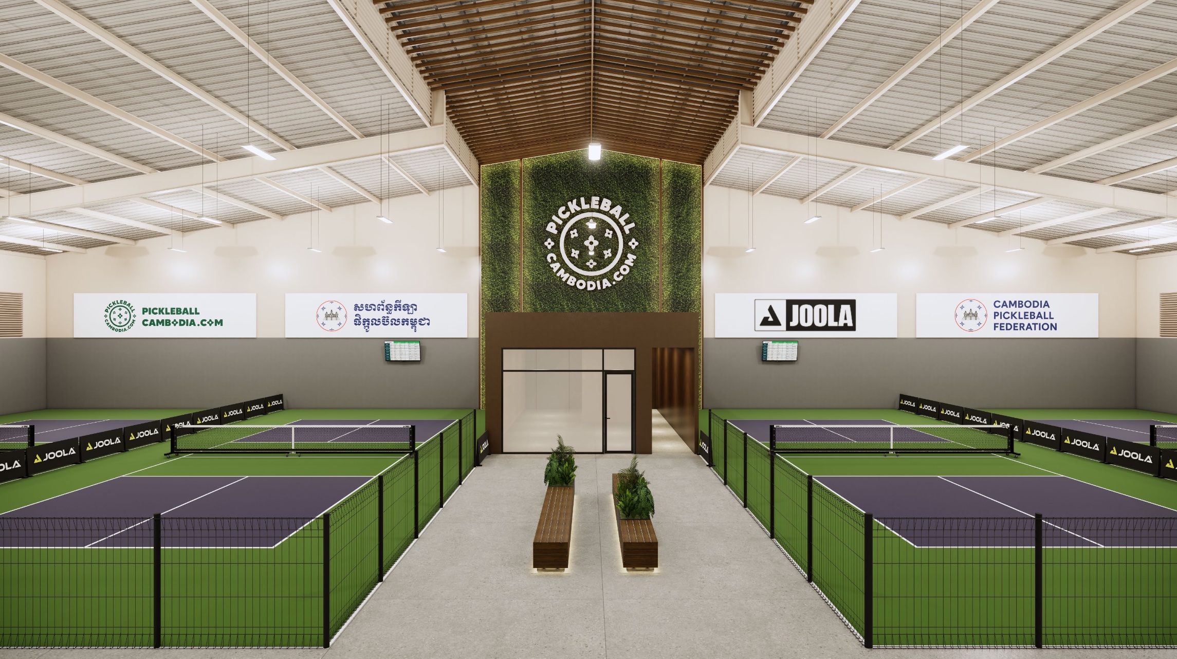 Pickleball Federation center court with the living-wall Pickleball Cambodia seal.