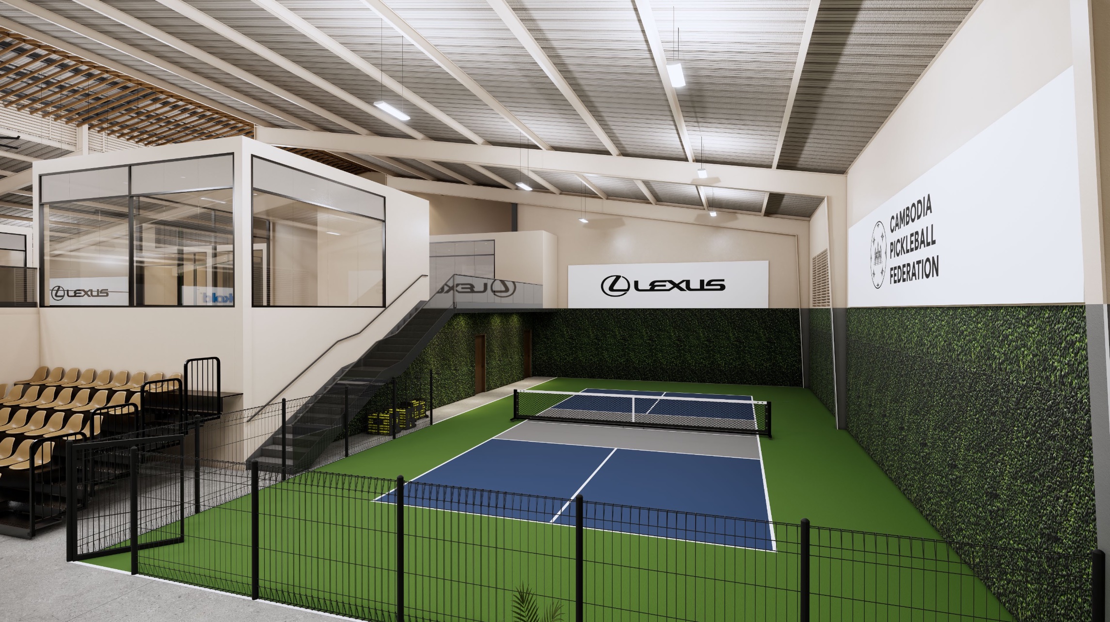Pickleball Federation show court with Lexus and Cambodia Pickleball Federation wall.