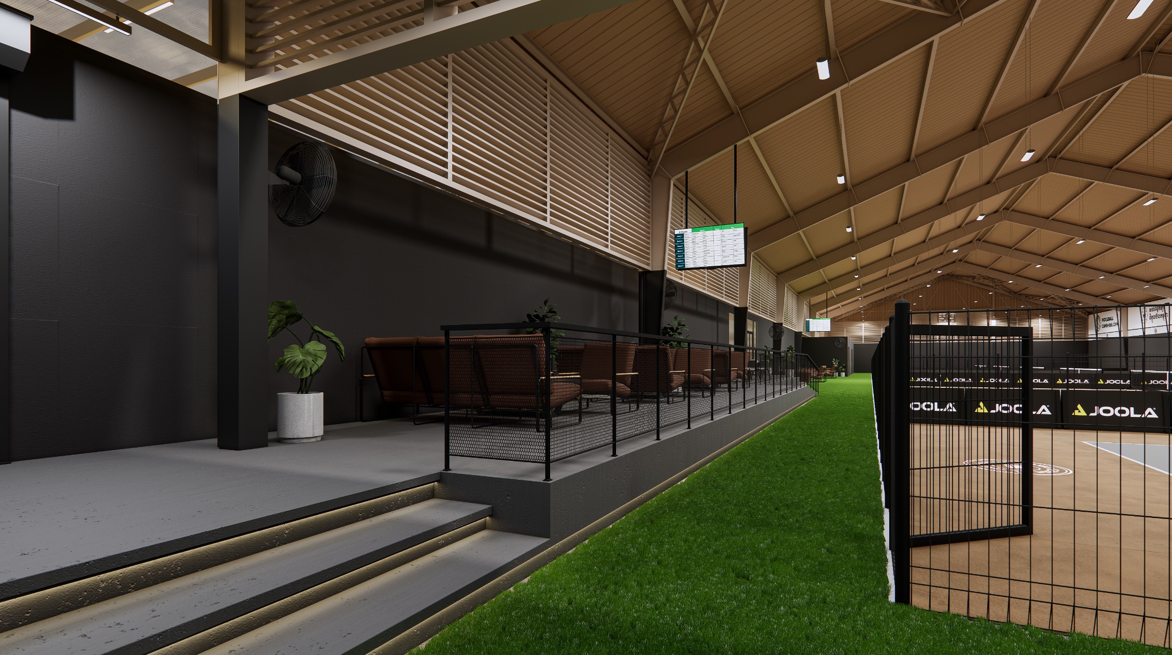 TheCommune court-side lounge with leather seating and viewing rail.