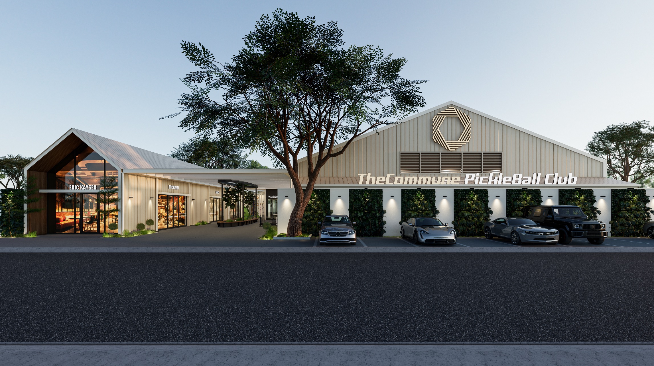 TheCommune Pickleball Club façade with signage and arrival drive.