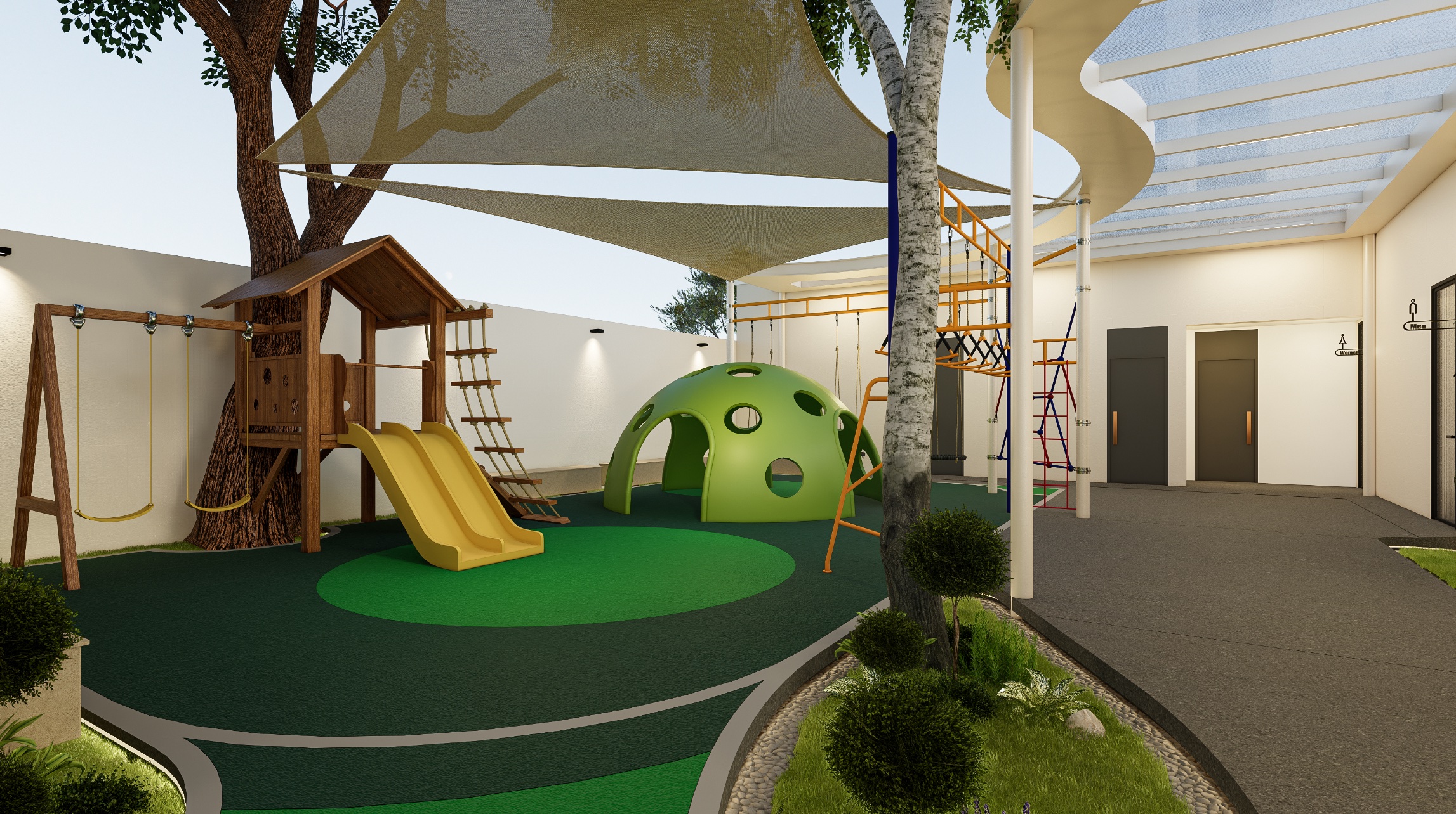 TheCommune family play yard with climbing dome, slide and swings.