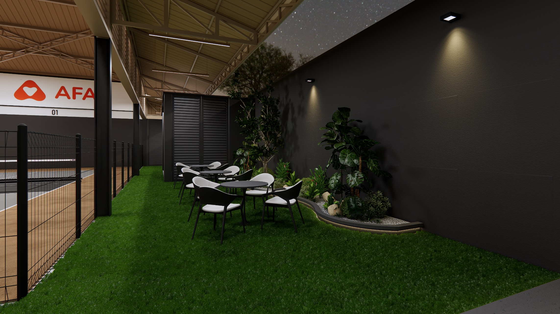 TheCommune garden lounge with dining and planted divider against the courts.