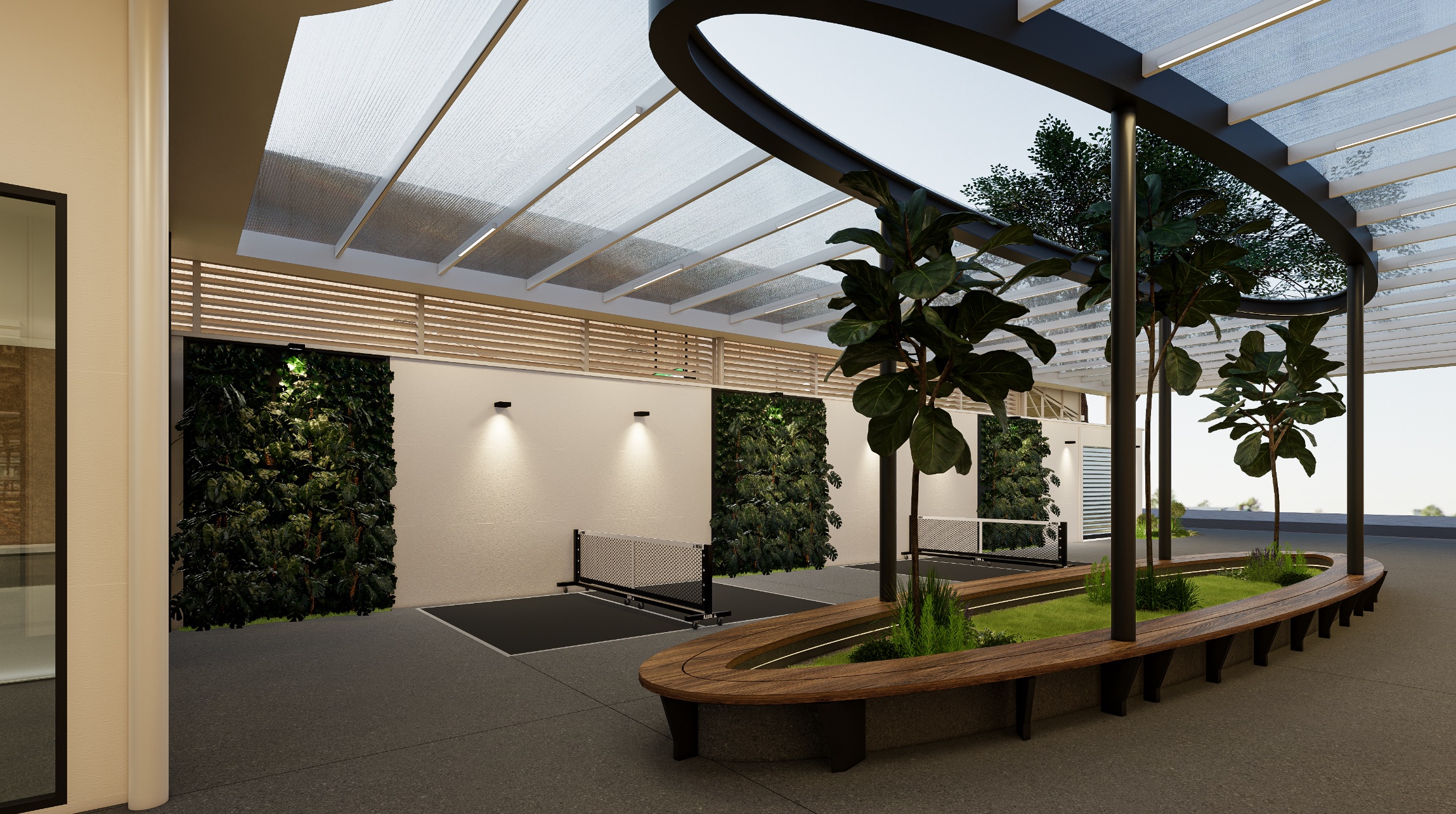 TheCommune garden pavilion with living wall and integrated seating.