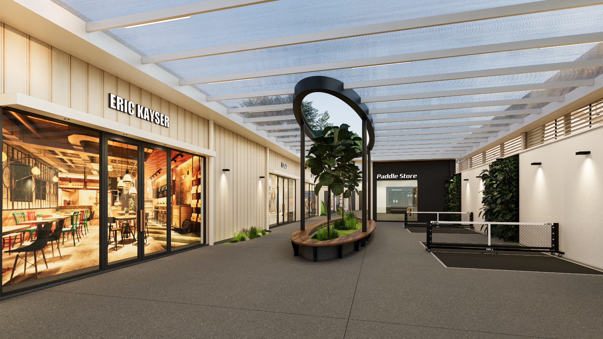 TheCommune retail promenade with paddle store and integrated planting.